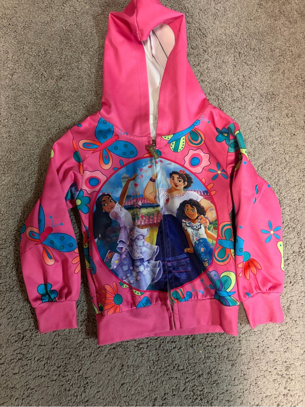 Bright Pink Hooded Zip Jacket with Multicolor Character Print